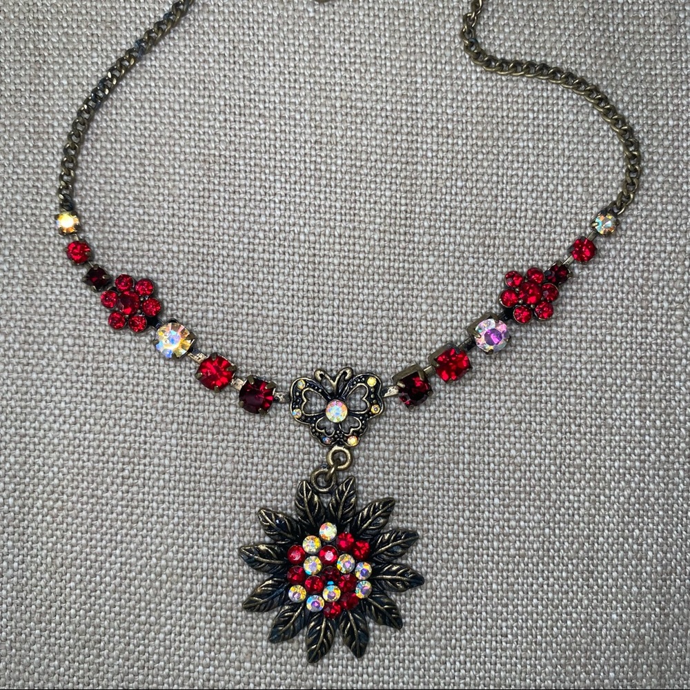 ⭐️NWT!⭐️ Cookie Lee Red & Aurora Borealis Crystal Flower & Butterfly Necklace